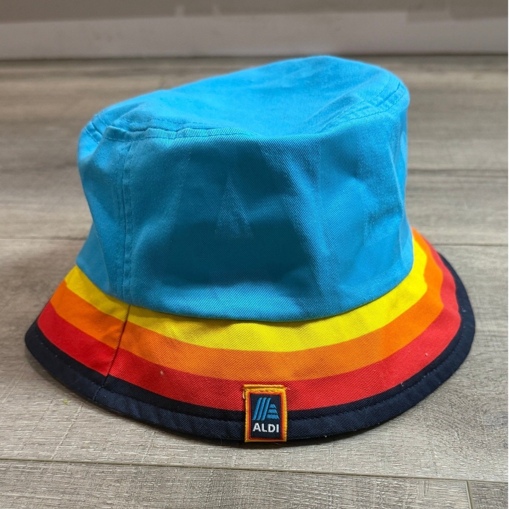 Aldi Gear Bucket Hat Blue Rainbow Stripe Retro Logo Sun Cap One Size Unisex